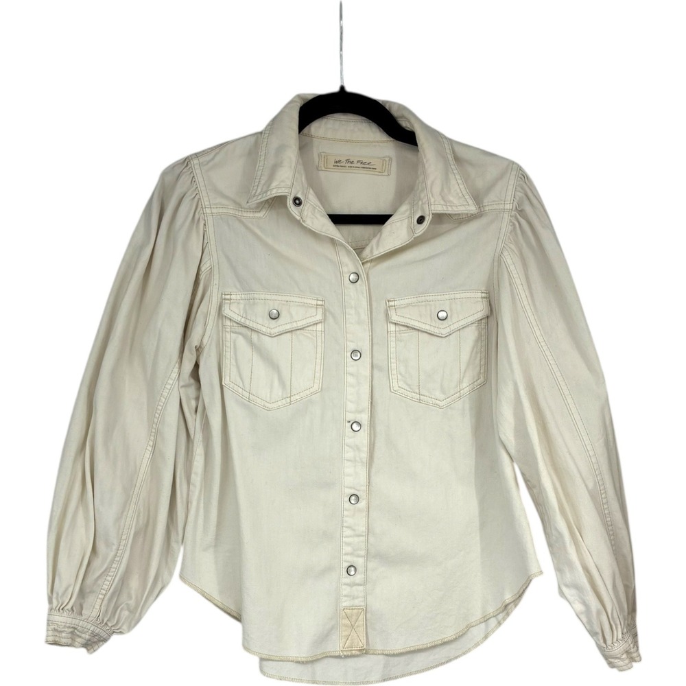 We The Free Cream Cotton Button Up Puff‎ Sleeve Western Style Shirt Extra Small